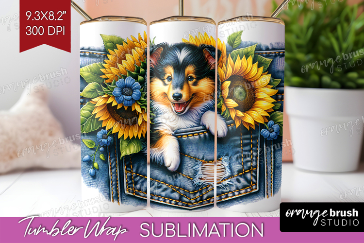 Denim Tumbler Wrap - Dog In Pocket Tumbler PNG Sublimation