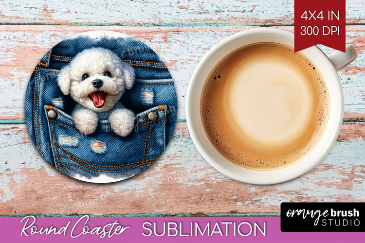 Denim Round Coaster - Dog In Pocket Coaster PNG Sublimation