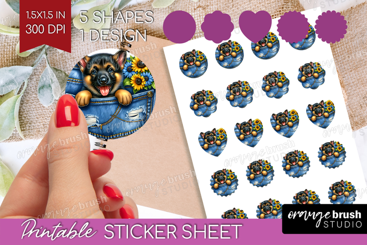 Denim Round Sticker - Dog In Pocket Printable Sticker Sheet
