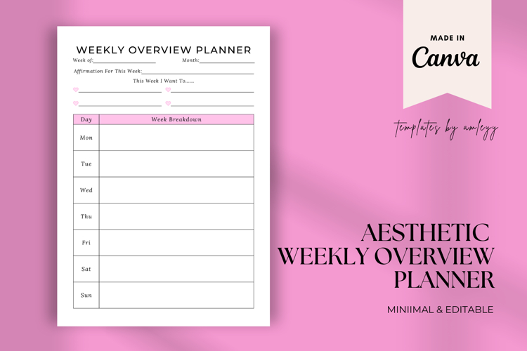 Aesthetic Weekly Overview Planner Template | Editable Canva