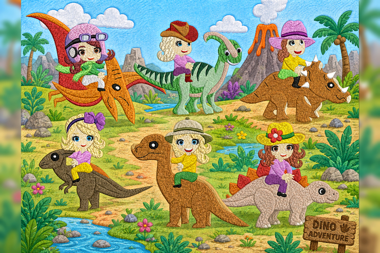 Set of 6 Girls on Dinosaurs with Various Hats Emb Design