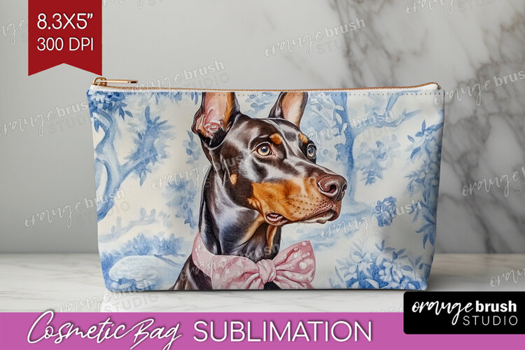 Doberman Pinscher Dog Cosmetic Bag Blue Toile Makeup Bag PNG example image 1