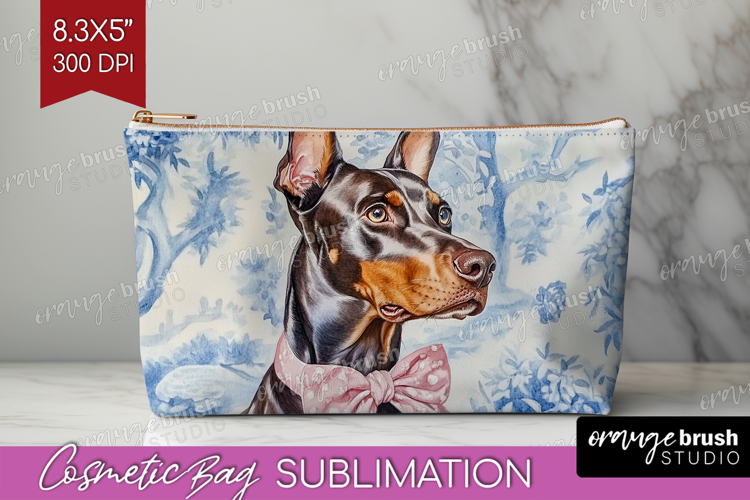 Doberman Pinscher Dog Cosmetic Bag Blue Toile Makeup Bag PNG
