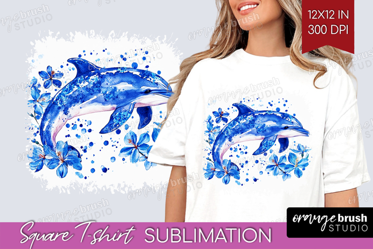 Dolphin Floral Square Tshirt Background Blue Flowers PNG