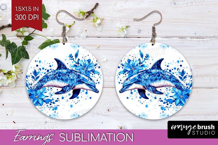 Dolphin Floral Round Earrings Blue Flowers PNG Sublimation