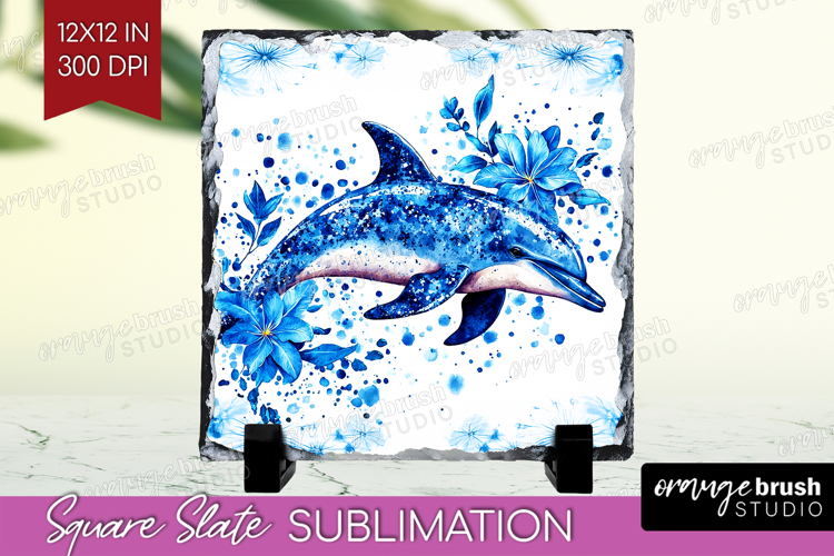 Dolphin Floral Slate PNG Blue Flowers Square Slate