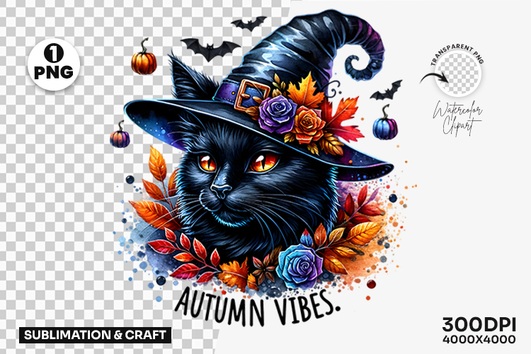 Halloween Autumn Vibes Black Cat Witch Hat PNG Clipart PNG
