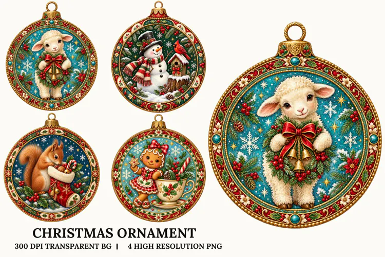 Christmas Ornament PNG Cute Woodland Animals Sublimation Art