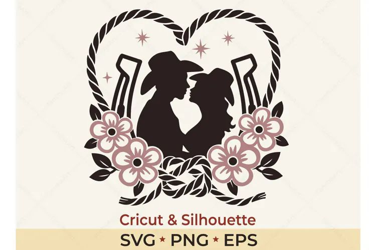 Western Wedding SVG | Cowboy Couple Floral Horseshoe