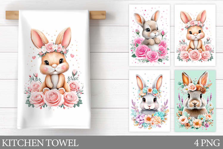 Cute Bunny Kitchen Towel. Bunny Flowers Kitchen Towel Design