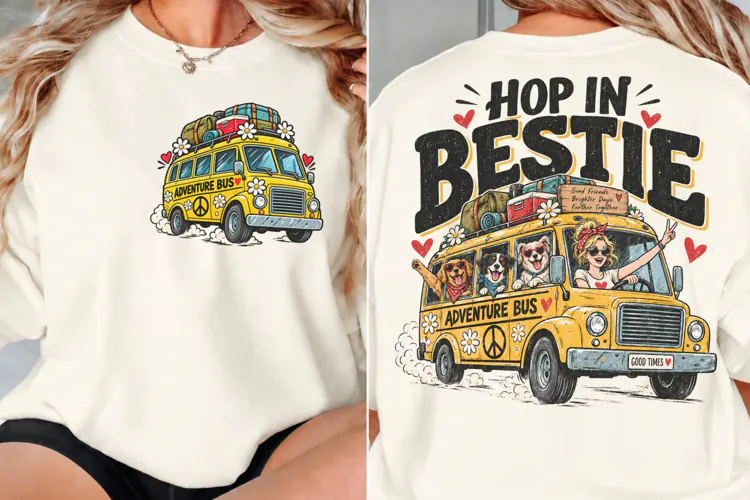 Hop In Bestie Front Back Shirt PNG, Adventure Bus Front Back
