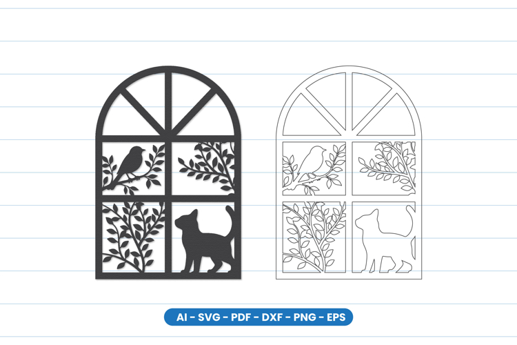 Cat and Bird Window Scene Laser Cut SVG