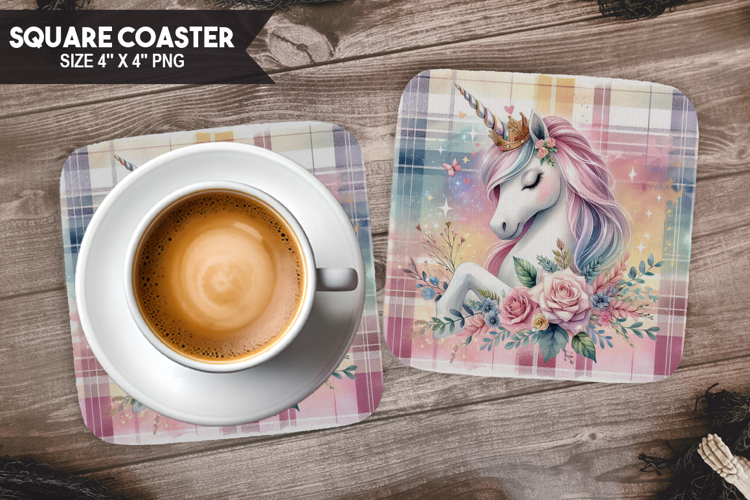Unicorn, Fantasy   Whimsy, Buffalo Plaid Square Coaster PNG