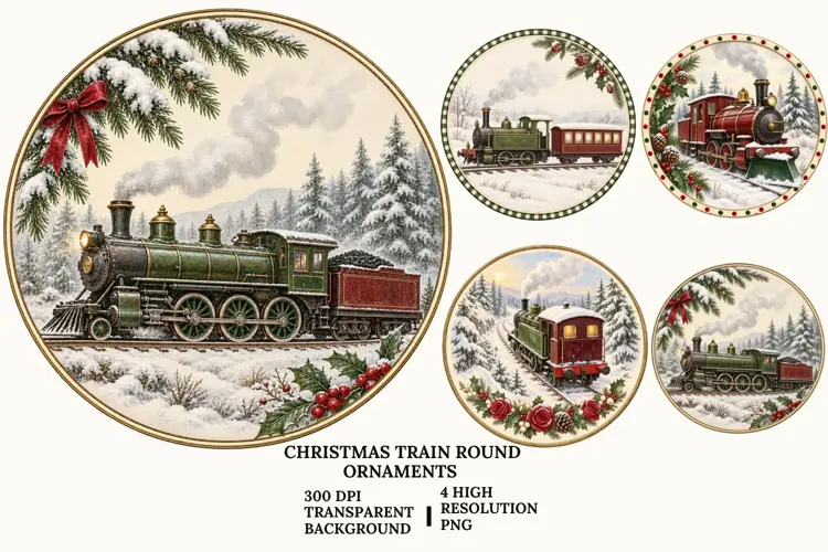 Christmas Train PNG, Vintage Winter Locomotive Ornament Art