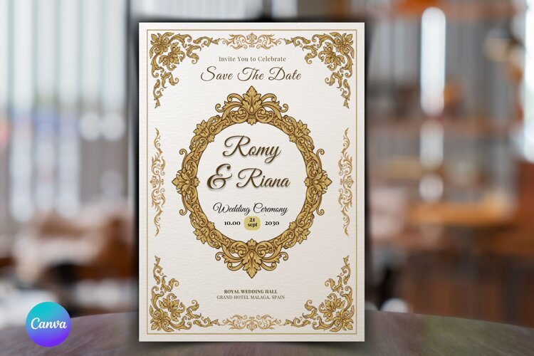 Elegant Gold Floral Wedding Invitation Canva Template example image 1