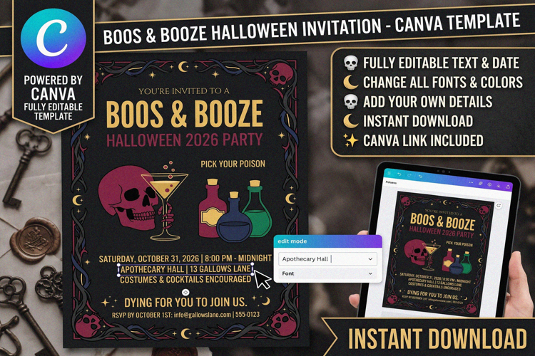 Boos & Booze Adult Halloween Party Canva Invitation Template