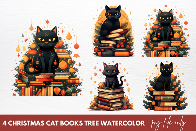 Christmas Cat Books Tree watercolor Christmas Books