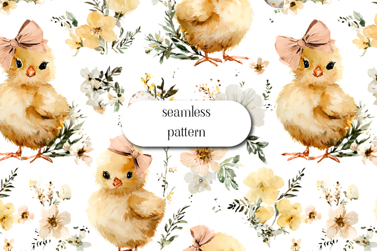 Cute Baby Chick Seamless Pattern Watercolor Spring Design