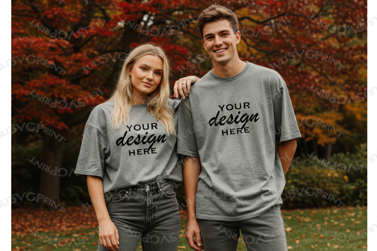 Grey tshirt model mockup, shirt couple autumn Mock up JPG