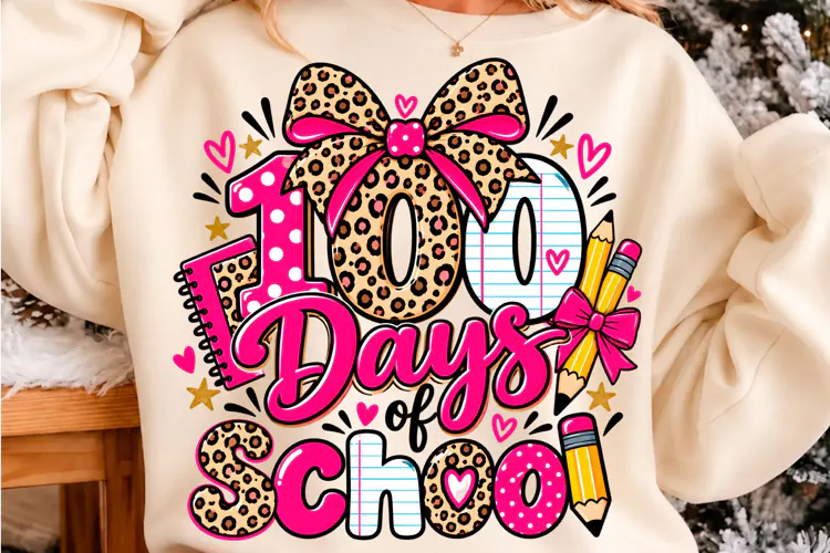 100 Days of School Pink Leopard Bow PNG