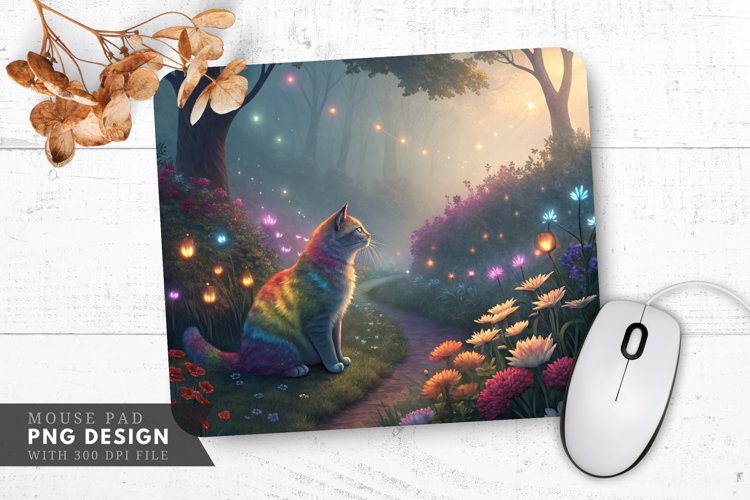 Serene Rainbow Cat in a Mystical Garden Mouse Pad PNG Design