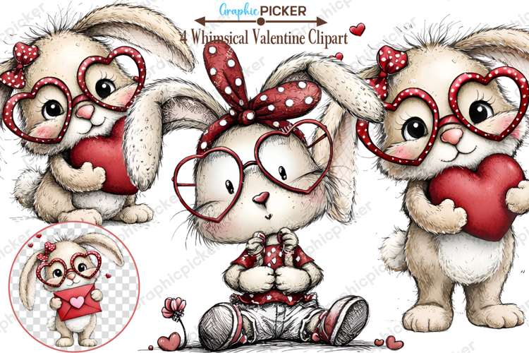 Whimsical Valentine Bunny Clipart, Bunny valentine clipart