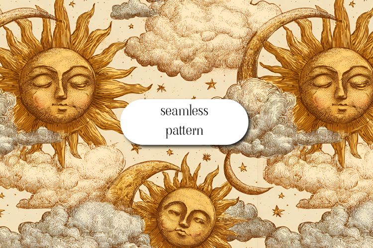 Vintage Celestial Sun Moon Engraving Seamless Pattern