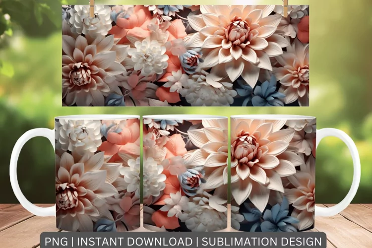 3D Flower Mug Sublimation Wrap Floral Design
