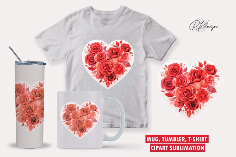 Watercolor valentine day rose heart clipart sublimation