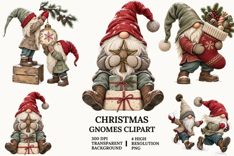 Christmas Gnome Clipart, Snow Globe, Sleigh and Mug PNG