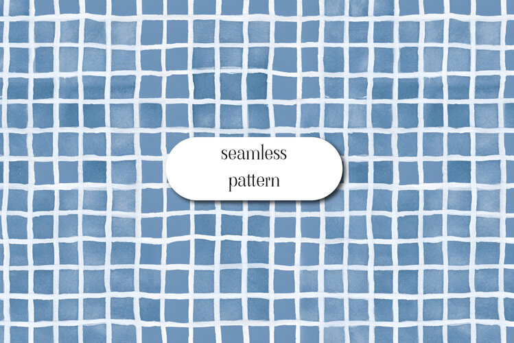 Blue Watercolor Grid Seamless Pattern Digital Paper example image 1