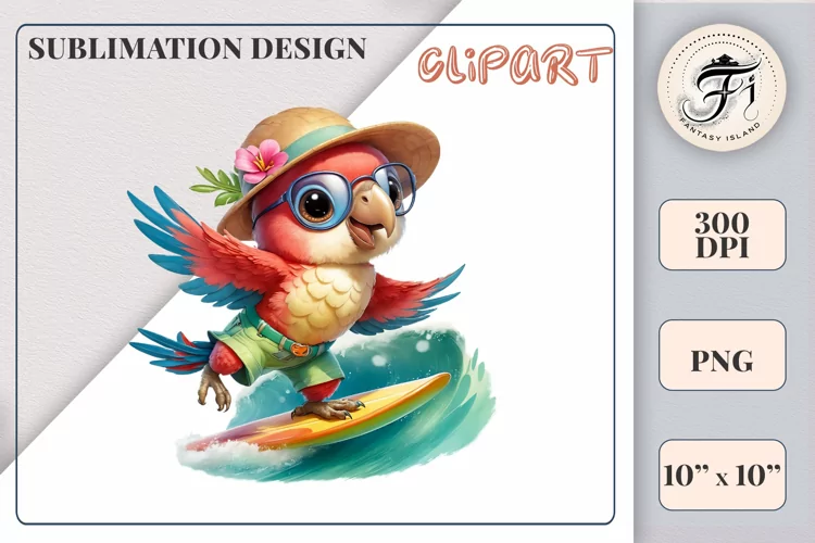 Cute Parrot Surfer Cartoon| Sublimation Design| Ocean | PNG