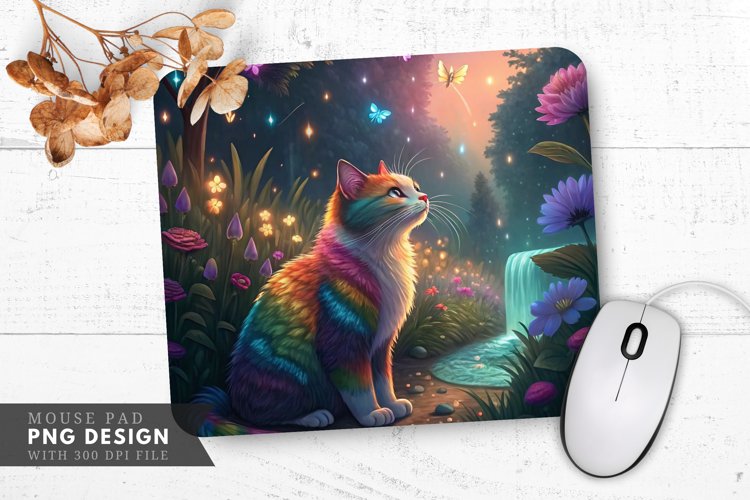 Whimsical Rainbow Cat in an Enchanted Garden Mouse Pad PNG