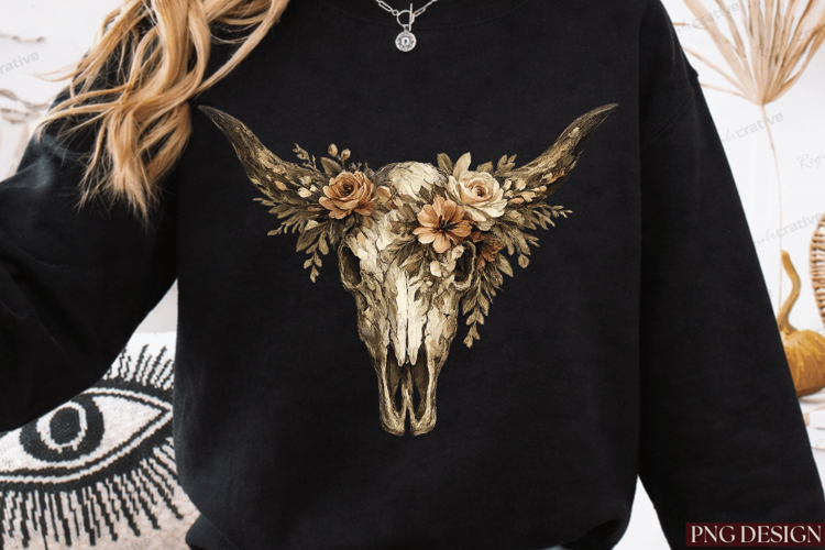 Boho Floral Cow Skull PNG Design | Western Bull Skull Sublim example image 1