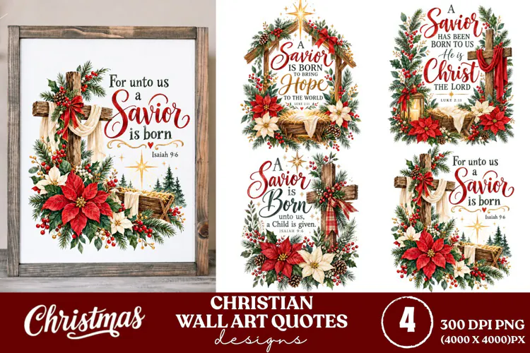 4 Christian Christmas Wall Art PNGs, 4 Bible Verse Christmas