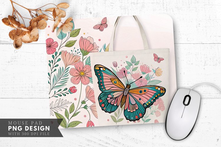 Butterfly Floral Tote Bag Mouse Pad PNG Design example image 1