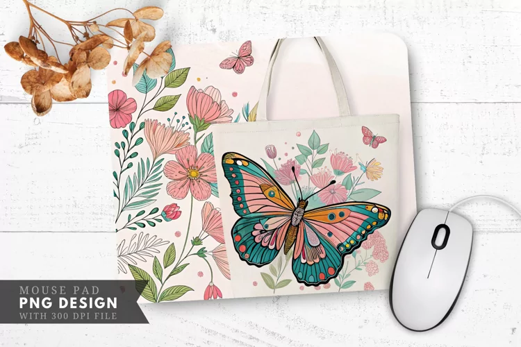Butterfly Floral Tote Bag Mouse Pad PNG Design