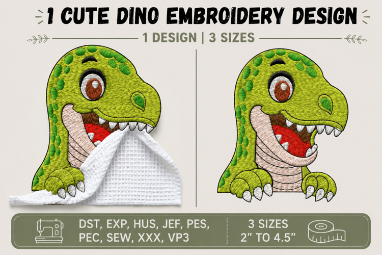 Cute Green Dinosaur Machine Embroidery Design