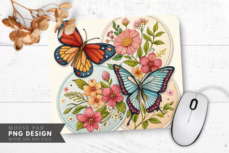 Butterfly Blooms Fabric Patch Mouse Pad PNG Design