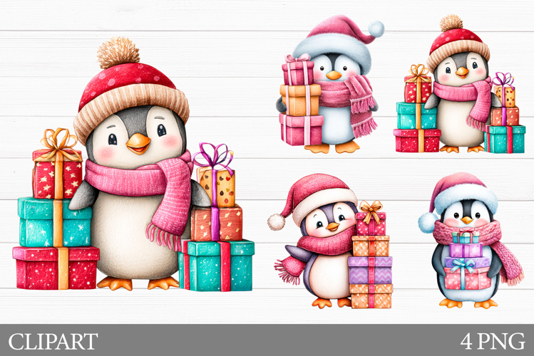 Christmas Penguin Clipart. Patchwork Christmas Clipart