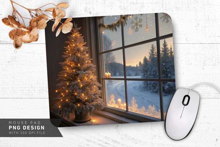 Cozy Winter Scene with Glowing Tree Mouse Pad Design