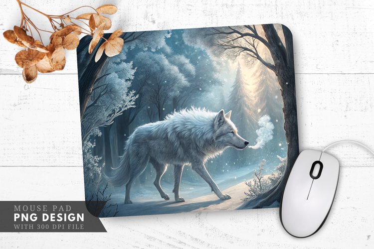 Frosty Wolf in Crystal Forest Mouse Pad PNG Design