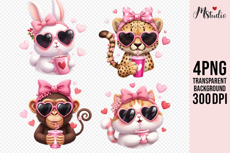 Cute Valentine Animals with Heart Glasses PNG