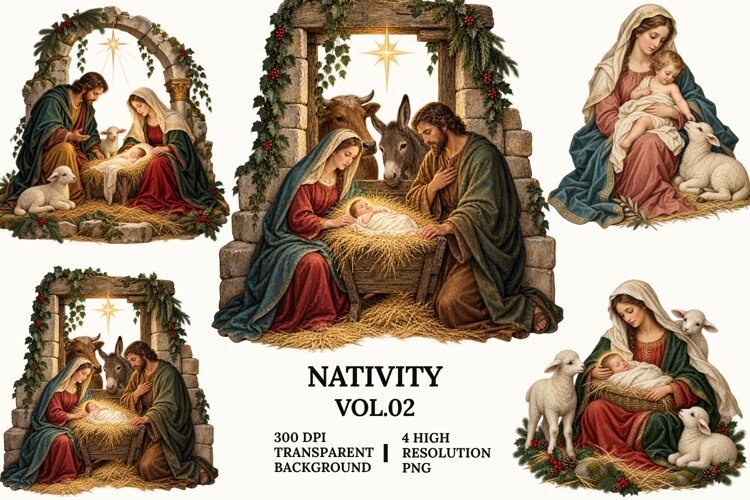 Nativity Vol 2 Clipart, Mary and Baby Jesus Christmas PNG example image 1
