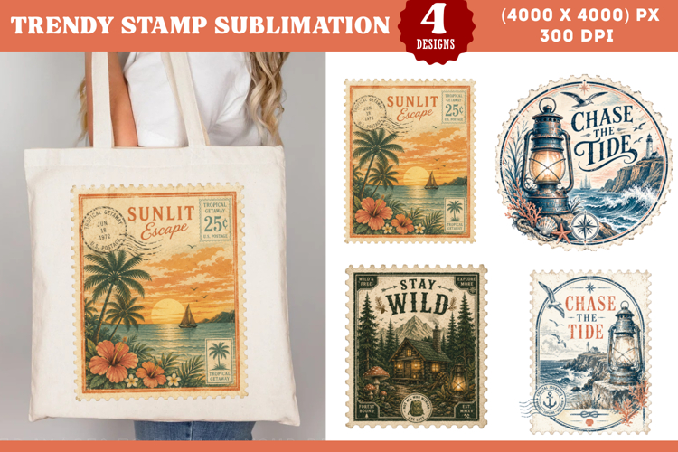 Vintage Coastal Travel Stamp Sublimation PNG