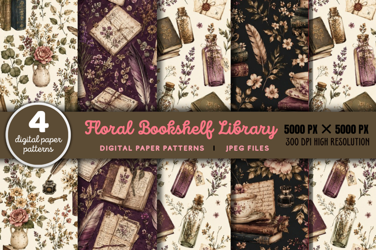 Floral Bookshelf Library Digital Pattern JPG