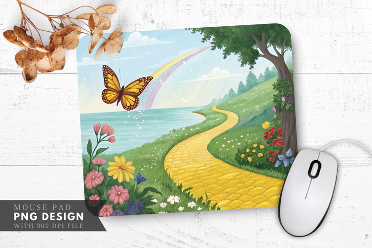 Butterfly Bliss on a Golden Path Mouse Pad PNG Design