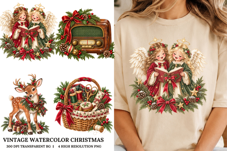 Vintage Christmas Angel Watercolor Clipart PNG