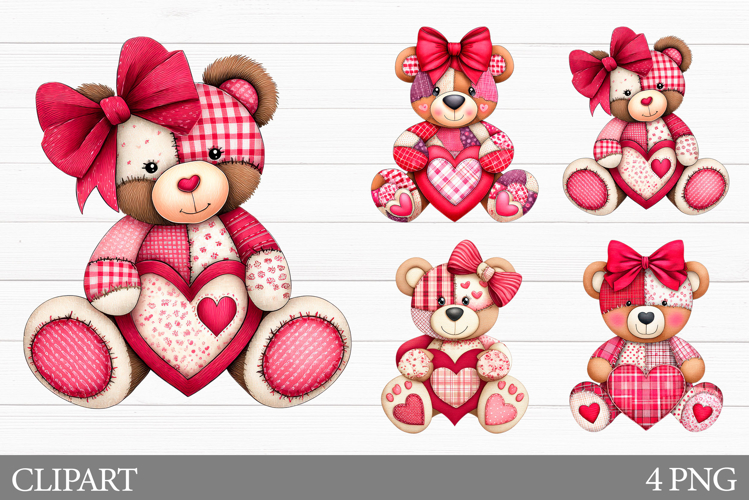 Patchwork Bear Clipart. Valentines Bear Sublimation