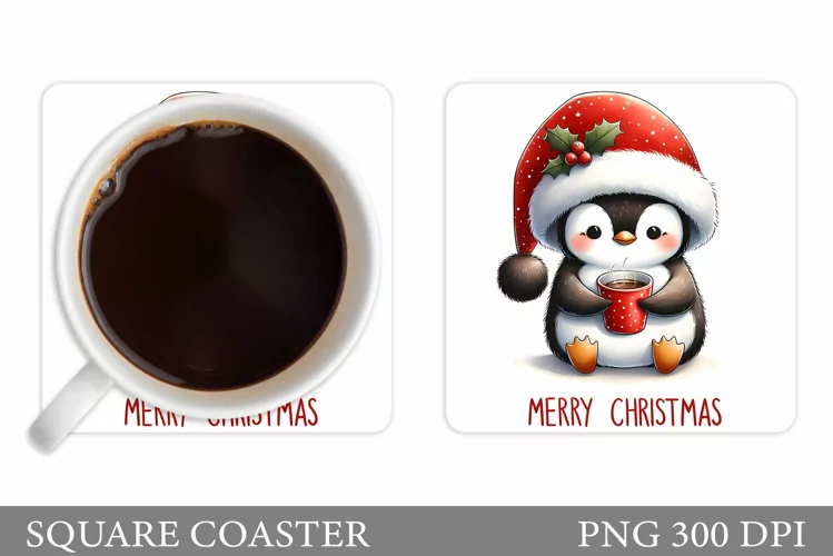 Cute Penguin Coaster Sublimation. Christmas Coaster Design